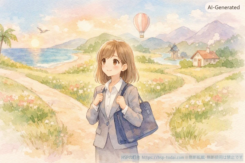 HSPの女性が分かれ道の前で働き方の選択肢を見比べているイラスト