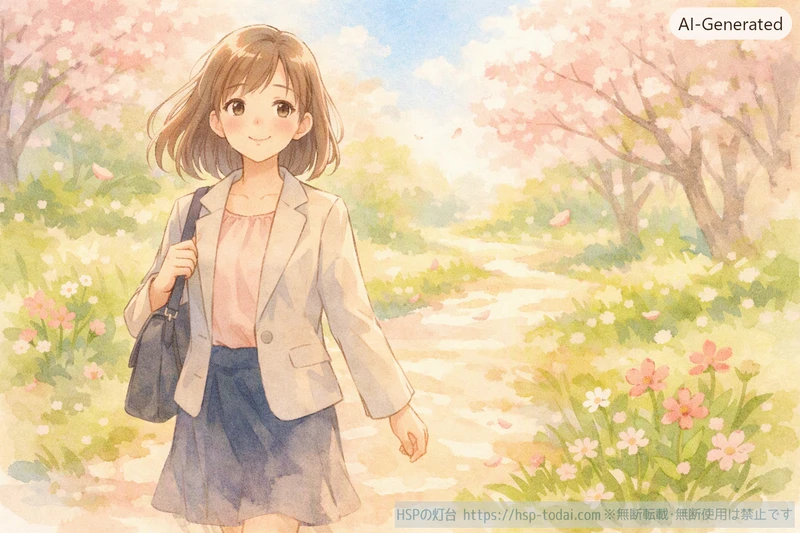 明るい道を前向きに歩き出している会社員の女性のイラスト