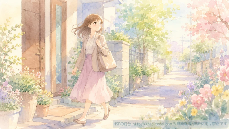 朝の光の中を晴れやかな表情で出勤する女性のイラスト