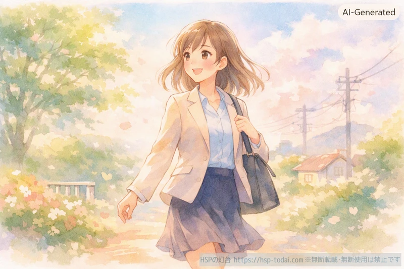 会社員の女性が晴れた道を前向きに歩き出しているイラスト