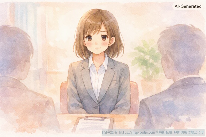 面接で転職回数を落ち着いて説明する女の子のイラスト