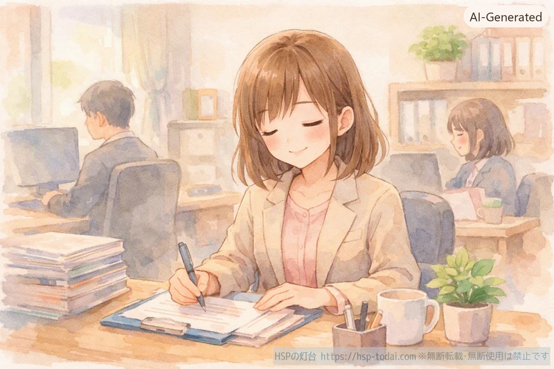 HSPの女性が少人数の穏やかな職場で落ち着いて仕事に集中しているイラスト