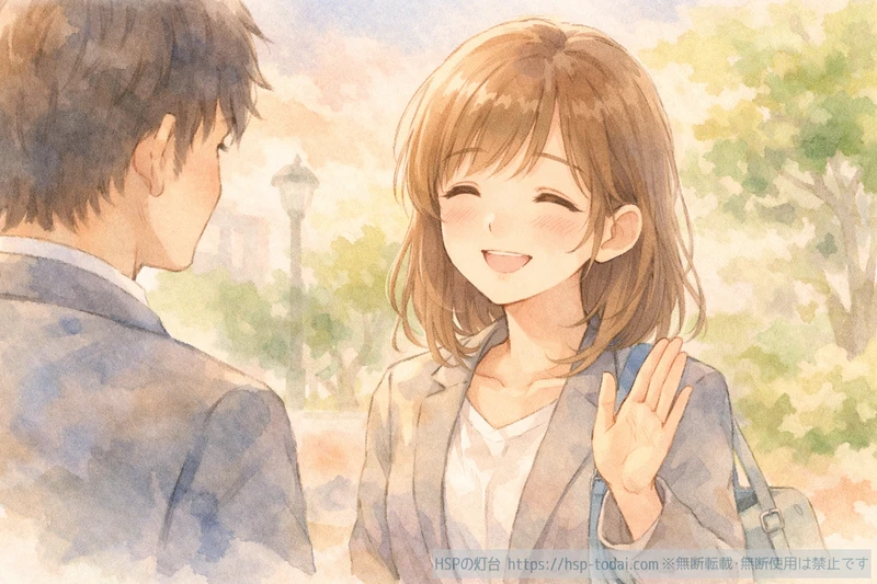 HSP女性が同僚に笑顔でやわらかく声をかけて角が立たない伝え方をしているイラスト