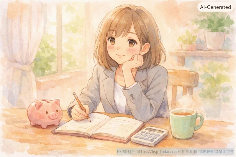 家計簿と電卓を広げて生活費を書き出している女性のイラスト
