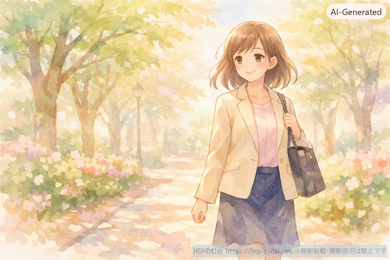朝の並木道を穏やかな表情で歩き出す女性のイラスト