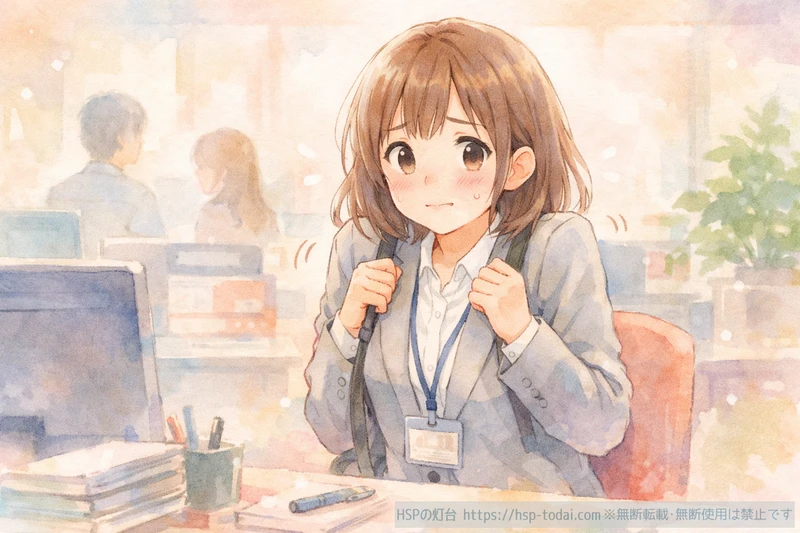 職場で気を使いすぎて緊張している繊細な女性のイラスト