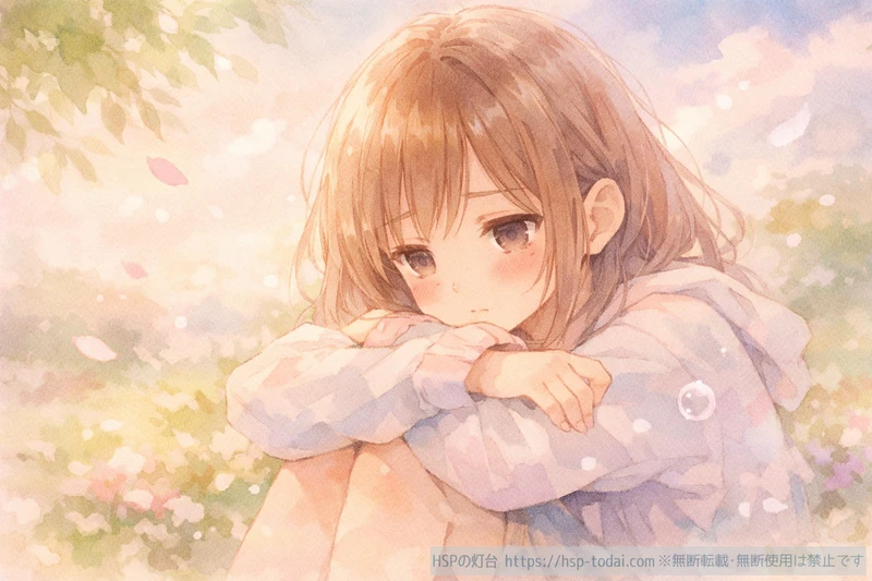 HSP女性が膝を抱えて生きづらさを感じているイラスト