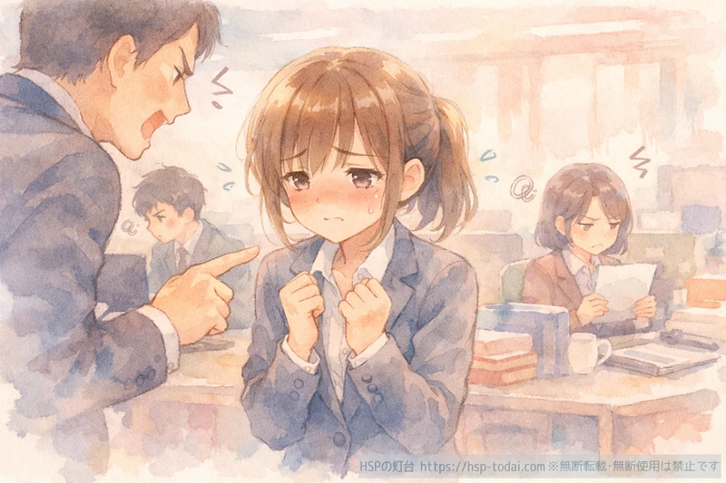 同僚が叱られている場面のそばで胸がドキドキしている繊細な女性のイラスト
