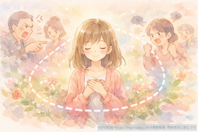 まわりの機嫌に振り回されず心に線を引いて穏やかに過ごすHSP女性のイラスト