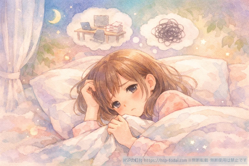 夜眠れずに不安を考え込んでいる女性のイラスト