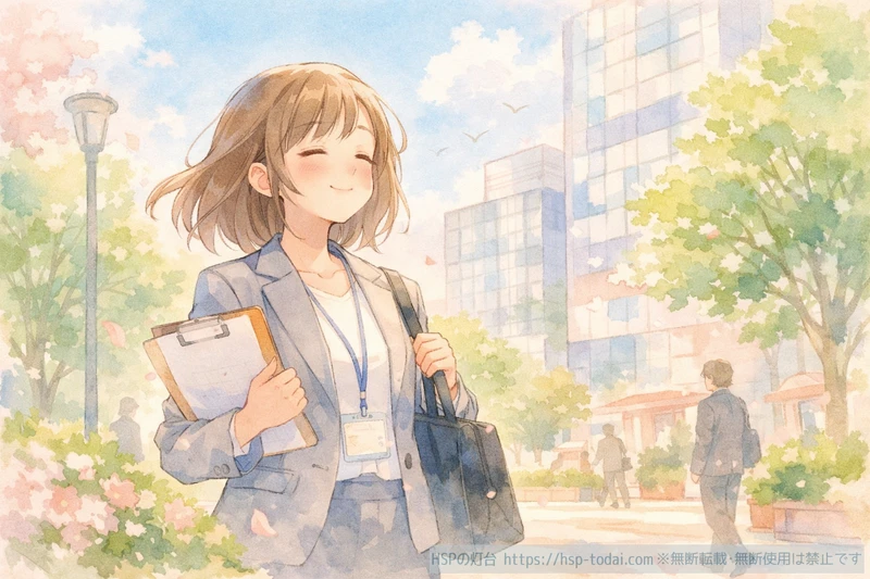 自分に合う環境で晴れやかに歩くHSP女性のイラスト