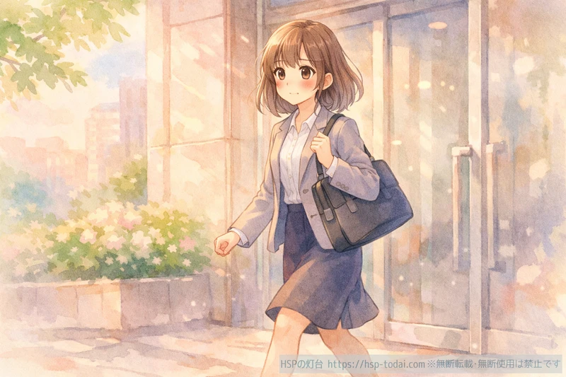 緊張しながら出勤する女性社員のイラスト