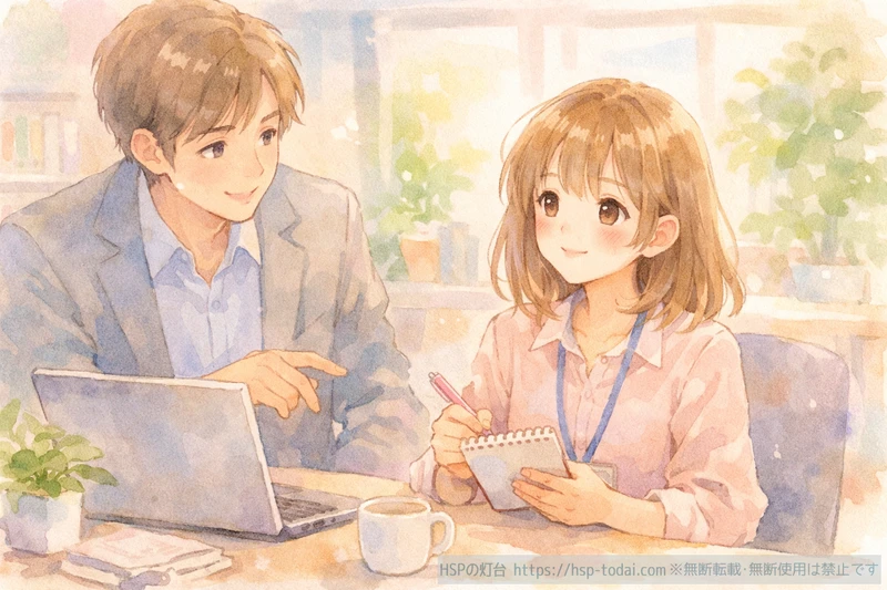 先輩に仕事を教わって安心する女性のイラスト