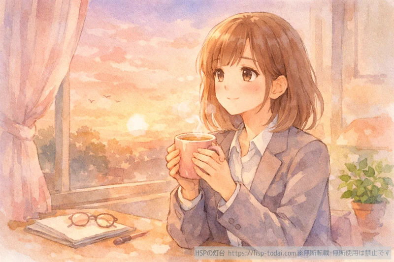 窓辺でこれまでの仕事を振り返る女性社員のイラスト