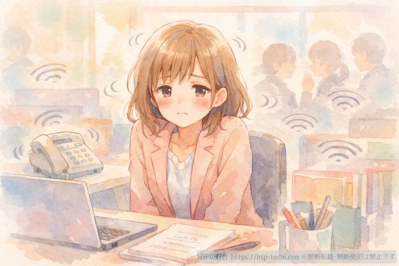 騒がしいオフィスで疲れた表情を浮かべるHSP女性のイラスト