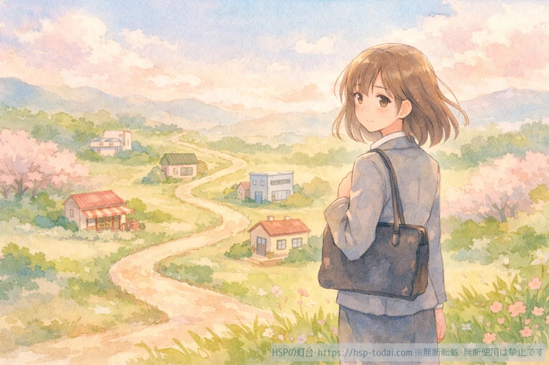 これまで働いてきた職場の道のりを振り返る女性のイラスト