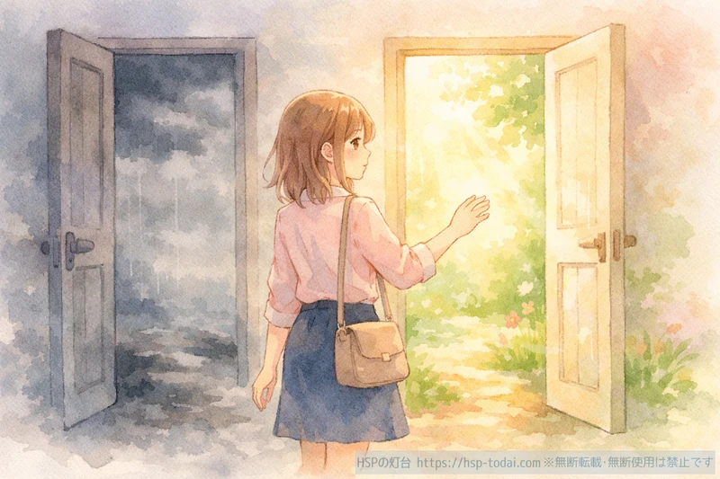 灰色の職場と光あふれる職場の2つの扉の前で明るい方を選ぶ女性のイラスト