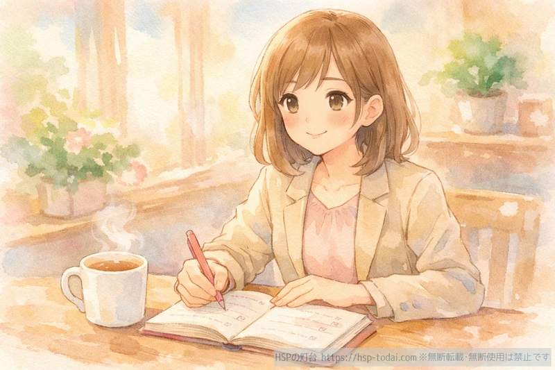 カフェでノートに自分の条件を書き出して整理する女性のイラスト