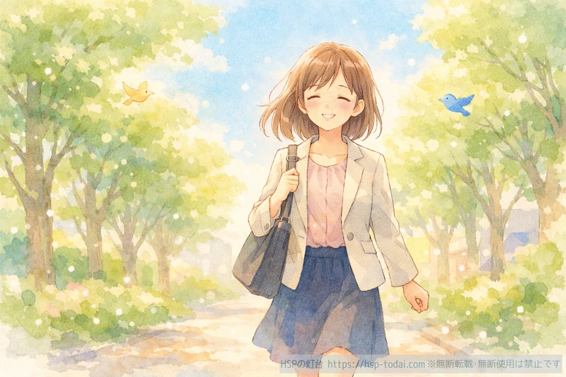 朝の光の中を安心した笑顔で歩き出すHSP女性のイラスト