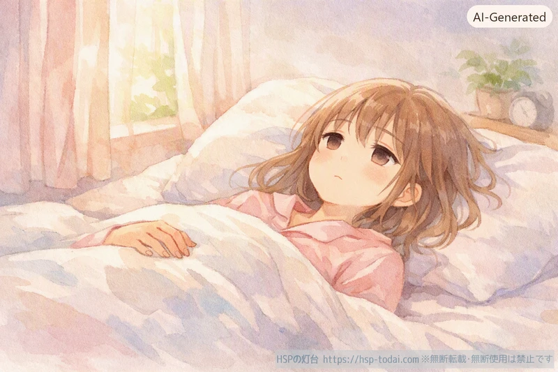 HSP女性が朝ベッドから体を起こせず横たわっているイラスト