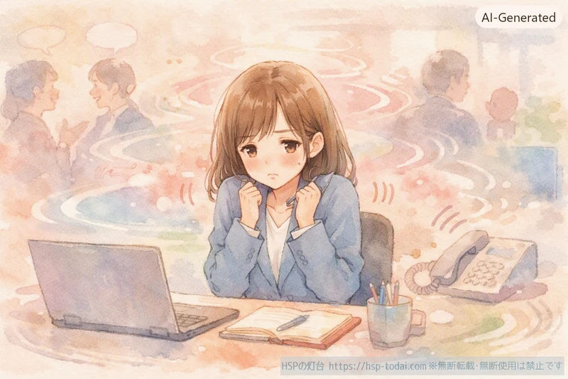 職場でまわりの気配や物音を受け取りすぎて消耗している女性のイラスト