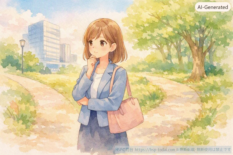 働き続けるか離れるかの分かれ道で立ち止まって考えるHSP女性のイラスト