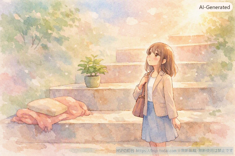 休む段階から動き出す段階へ一段ずつ進もうとする女性のイラスト