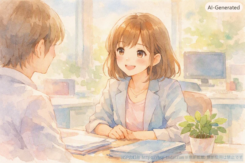 今の職場で同僚と穏やかに話しながら働くHSP女性のイラスト